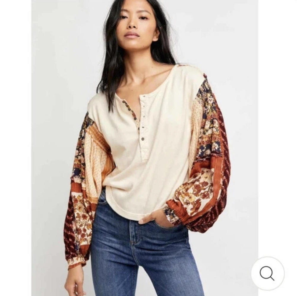 Free People Light Magic Henley Top Vanilla Creme Boho Floral XS $98